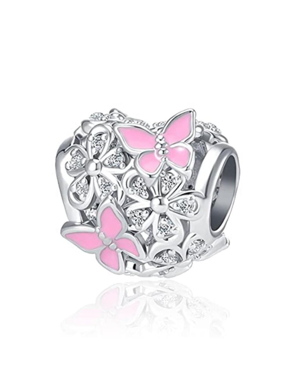 Pink Butterfly Charm Crystal Rhinestone Enamel Bead European Bracelet Necklace